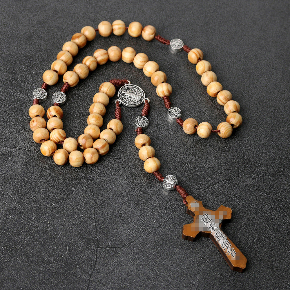 Natural Wood Rosary Necklace Handcrafted Pine Cross