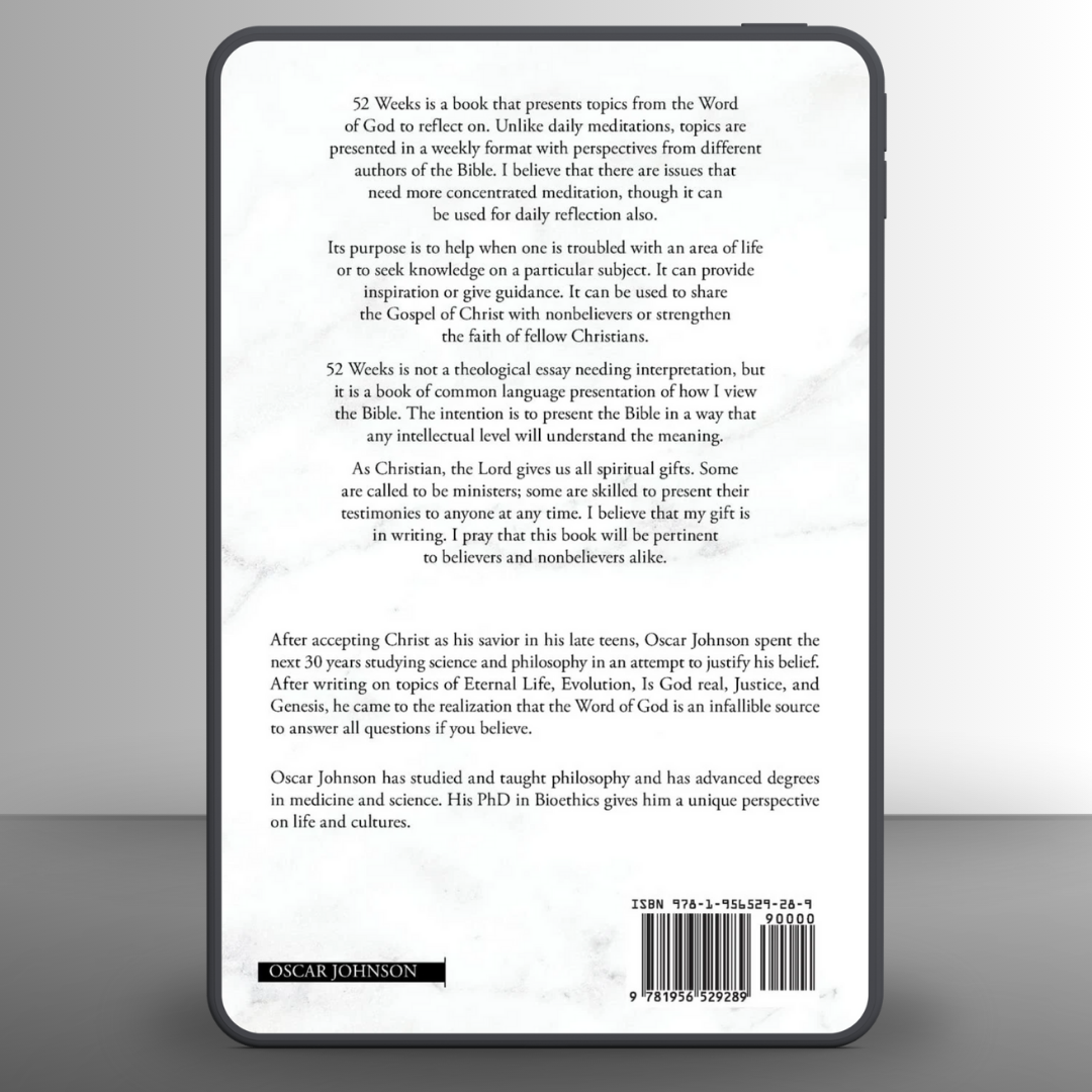 Back cover of "52 Weeks", a Christian Devotional Book for spiritual growth.