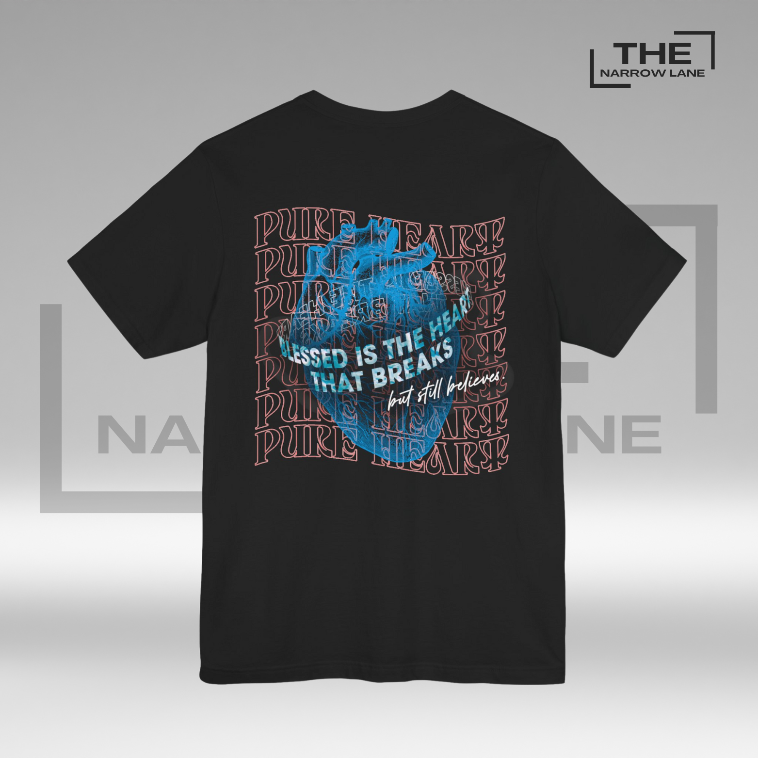 The Narrow Lane black Christian shirt "Blessed is the Heart" back– faith-inspired gift for spiritual growth 