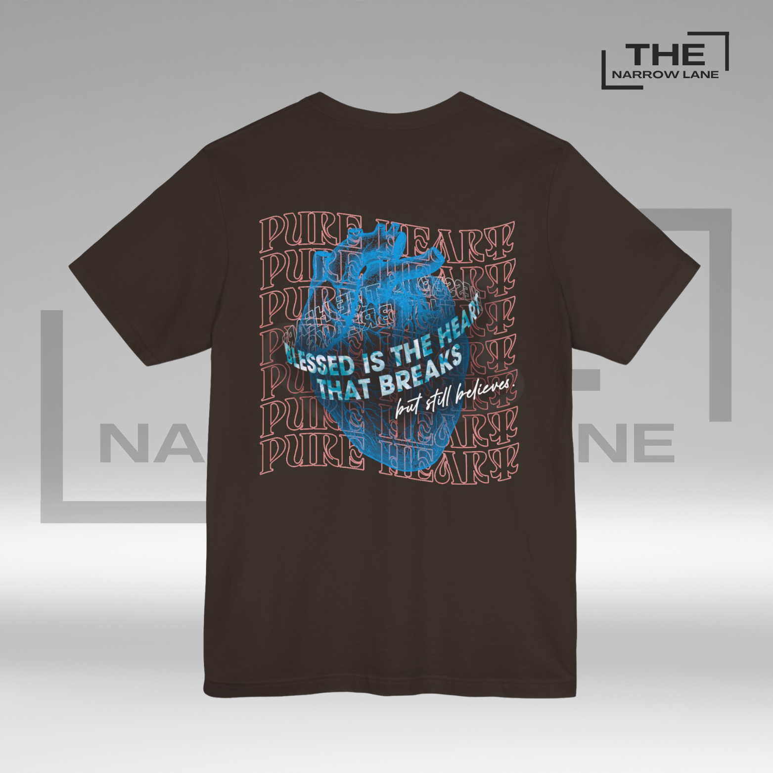 The Narrow Lane brown Christian shirt "Blessed is the Heart" back– faith-inspired gift for spiritual growth