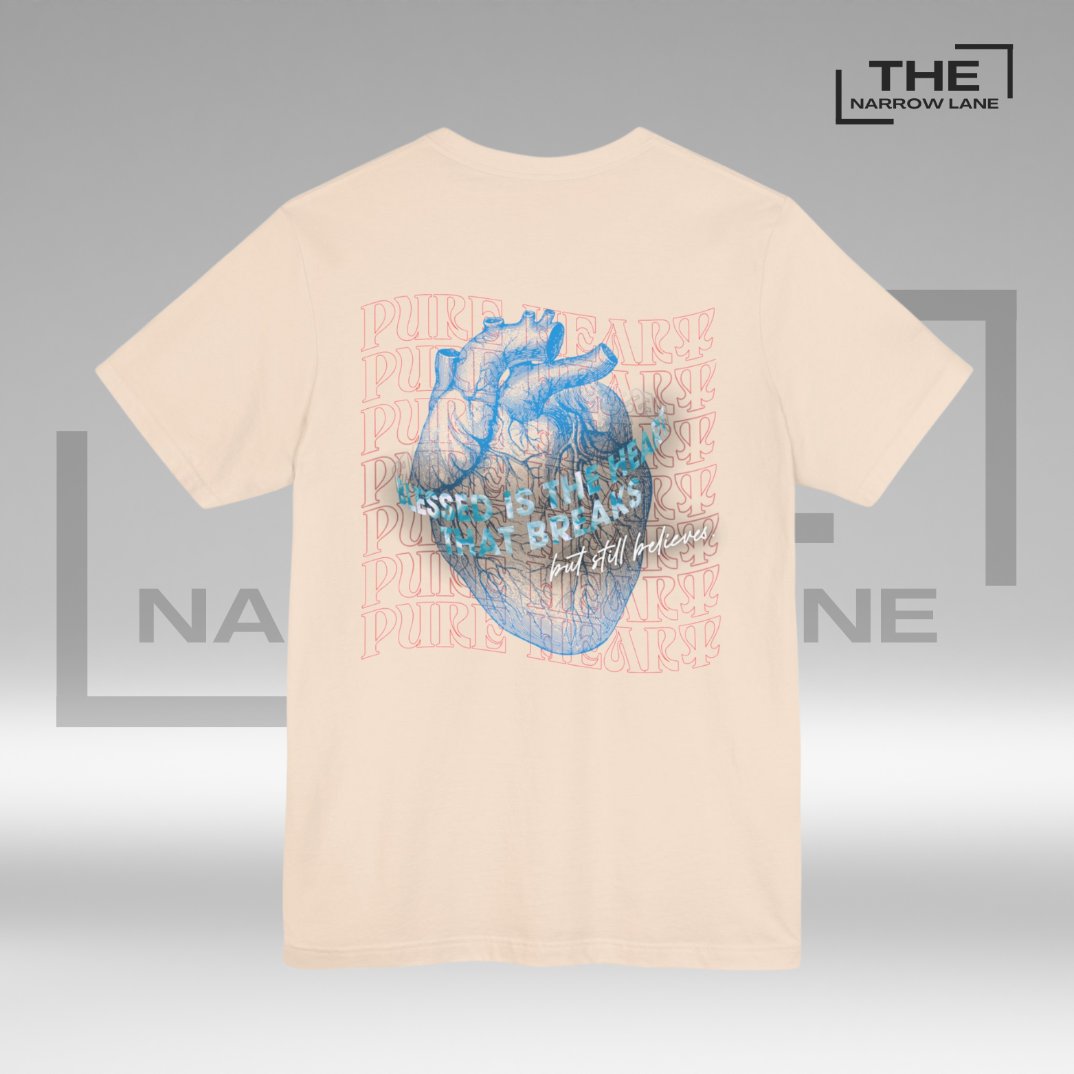 The Narrow Lane Cream Christian shirt "Blessed is the Heart" back– faith-inspired gift for spiritual growth 