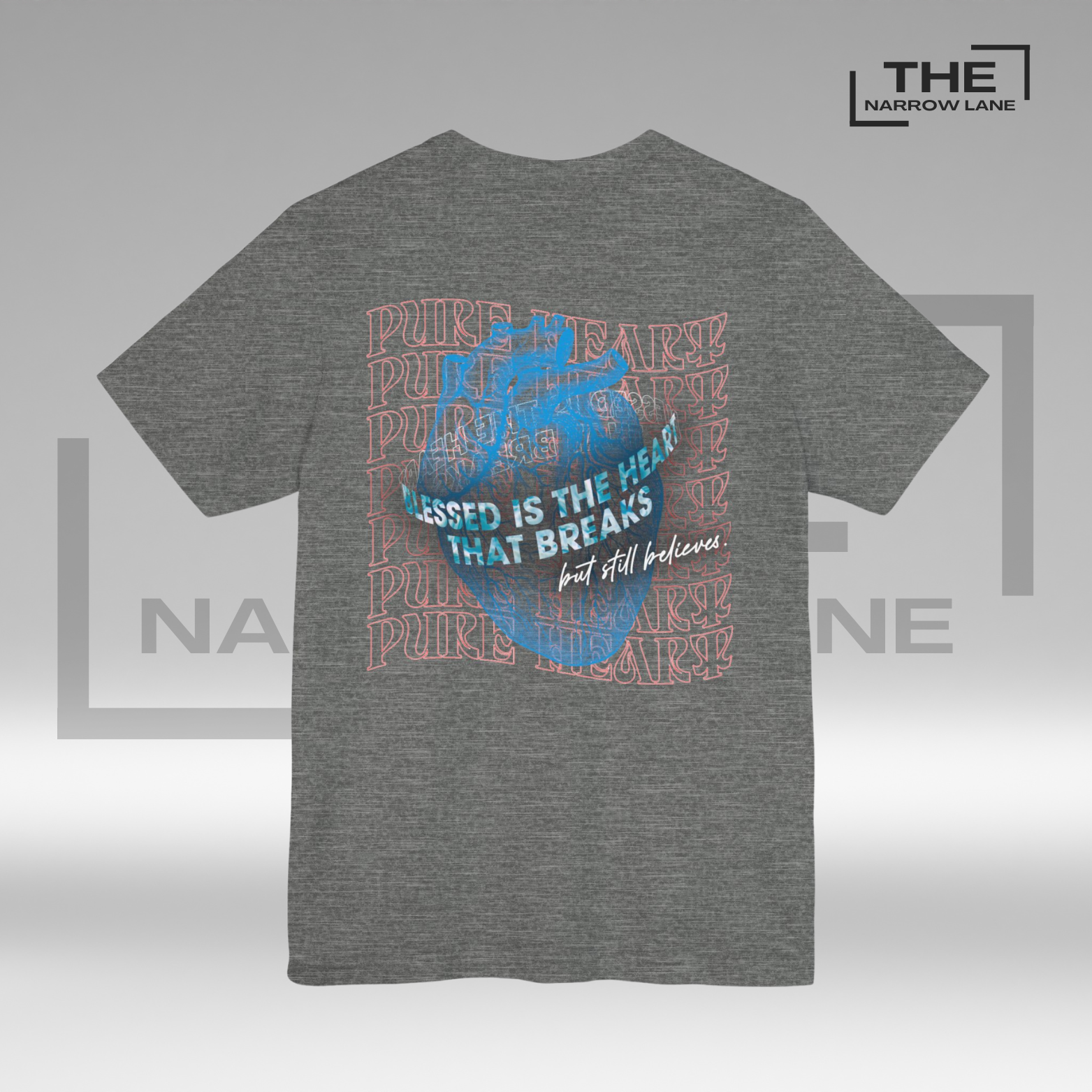 The Narrow Lane gray Christian shirt "Blessed is the Heart" back– faith-inspired gift for spiritual growth