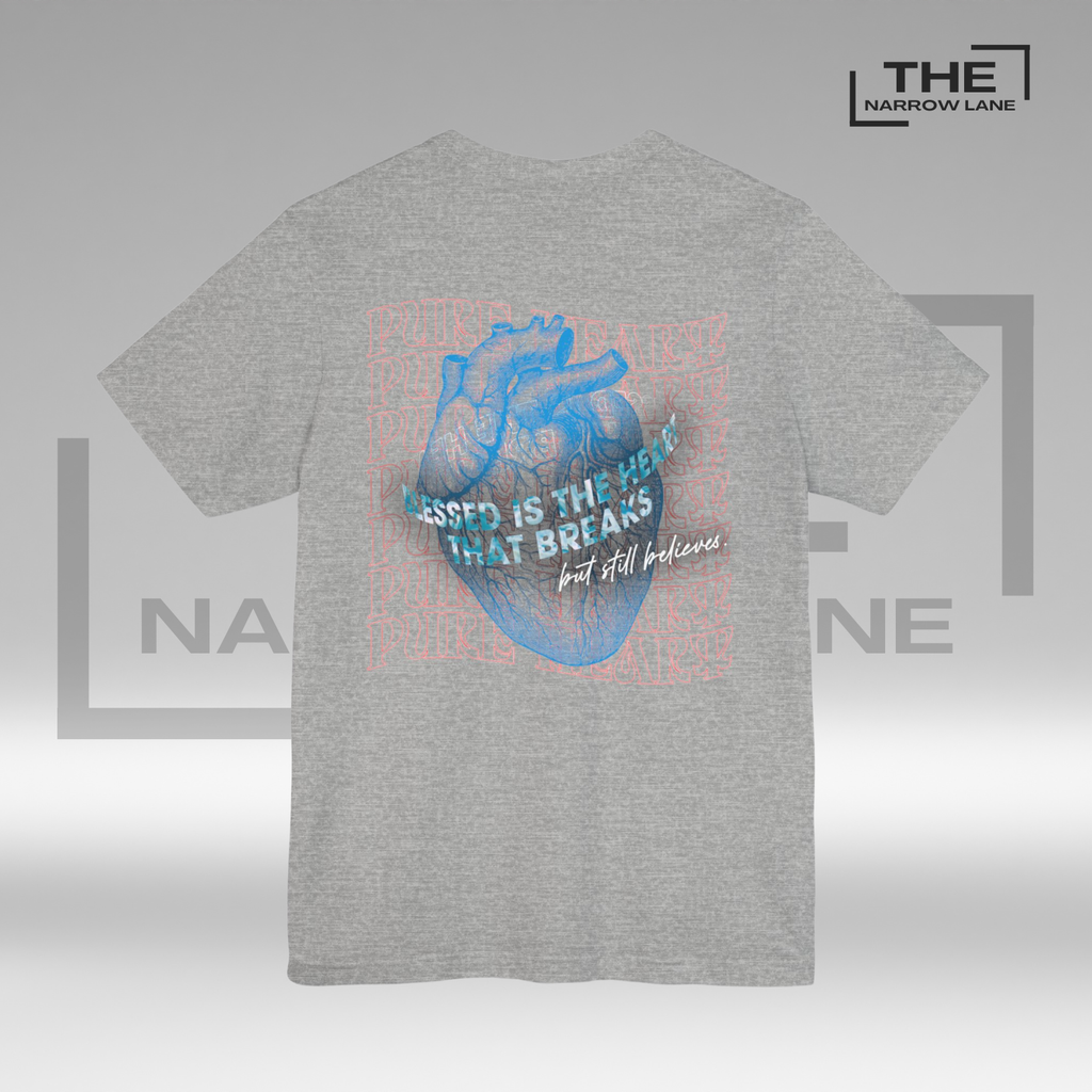 The Narrow Lane light gray Christian shirt "Blessed is the Heart" back– faith-inspired gift for spiritual growth 