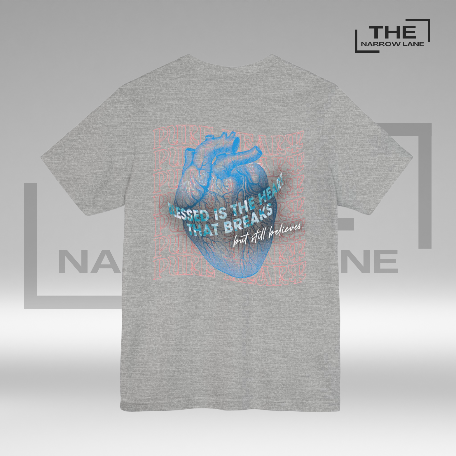 The Narrow Lane light gray Christian shirt "Blessed is the Heart" back– faith-inspired gift for spiritual growth 