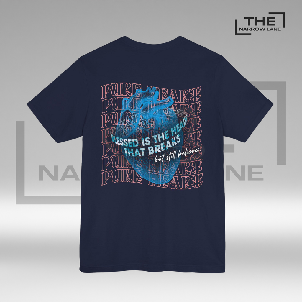 The Narrow Lane Navy Blue Christian shirt "Blessed is the Heart" back– faith-inspired gift for spiritual growth 