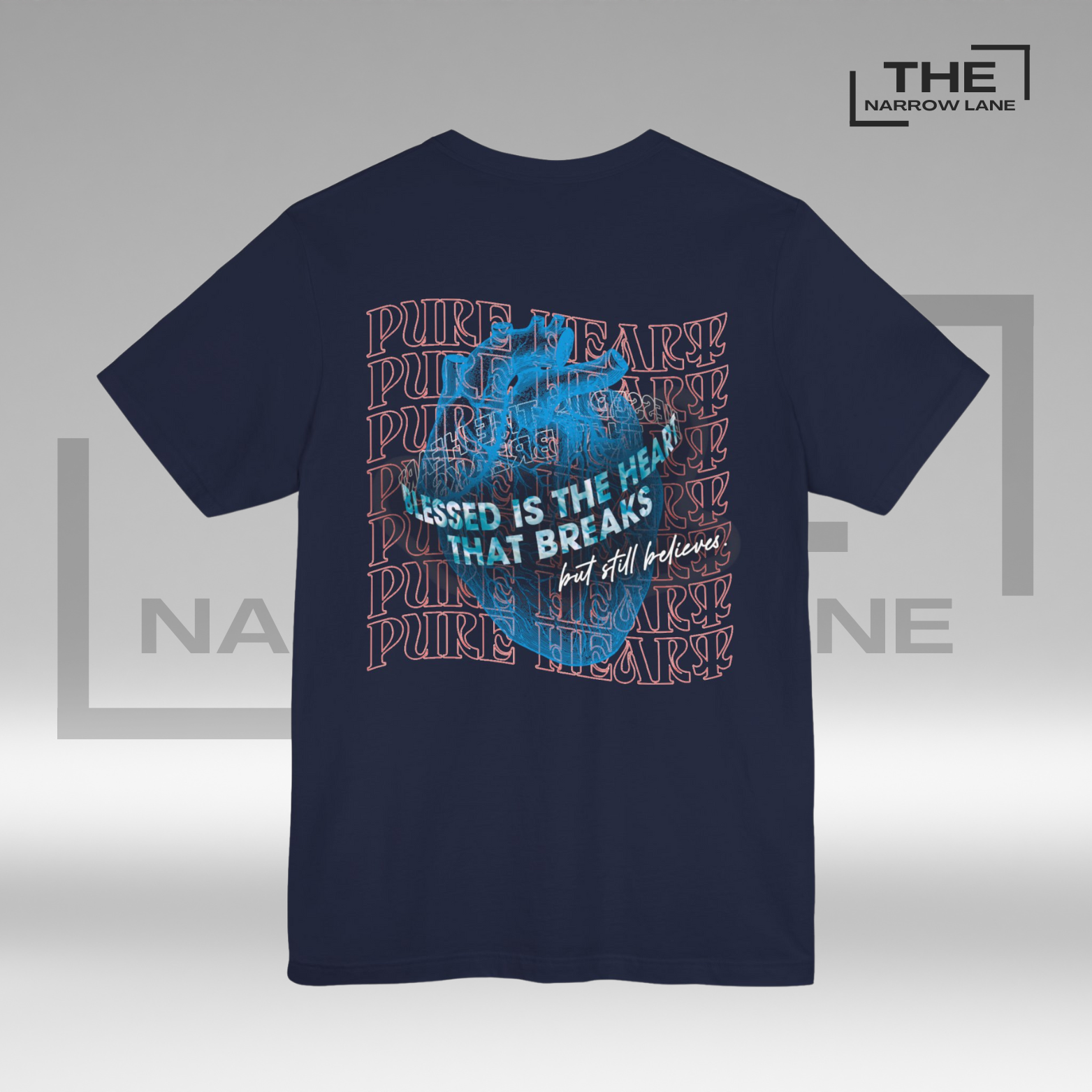 The Narrow Lane Navy Blue Christian shirt "Blessed is the Heart" back– faith-inspired gift for spiritual growth 