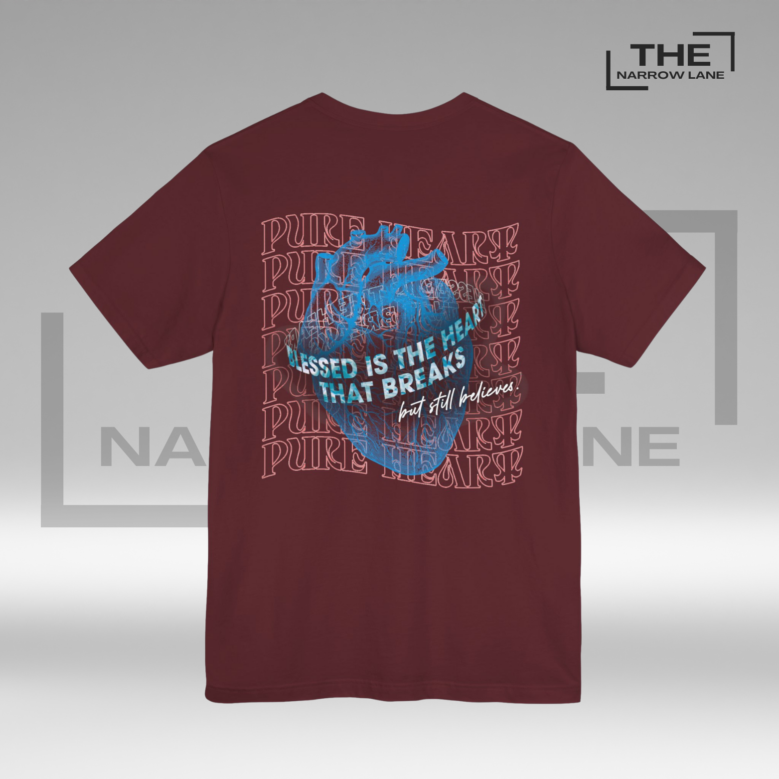 The Narrow Lane Maroon Christian shirt "Blessed is the Heart" back – faith-inspired gift for spiritual growth 