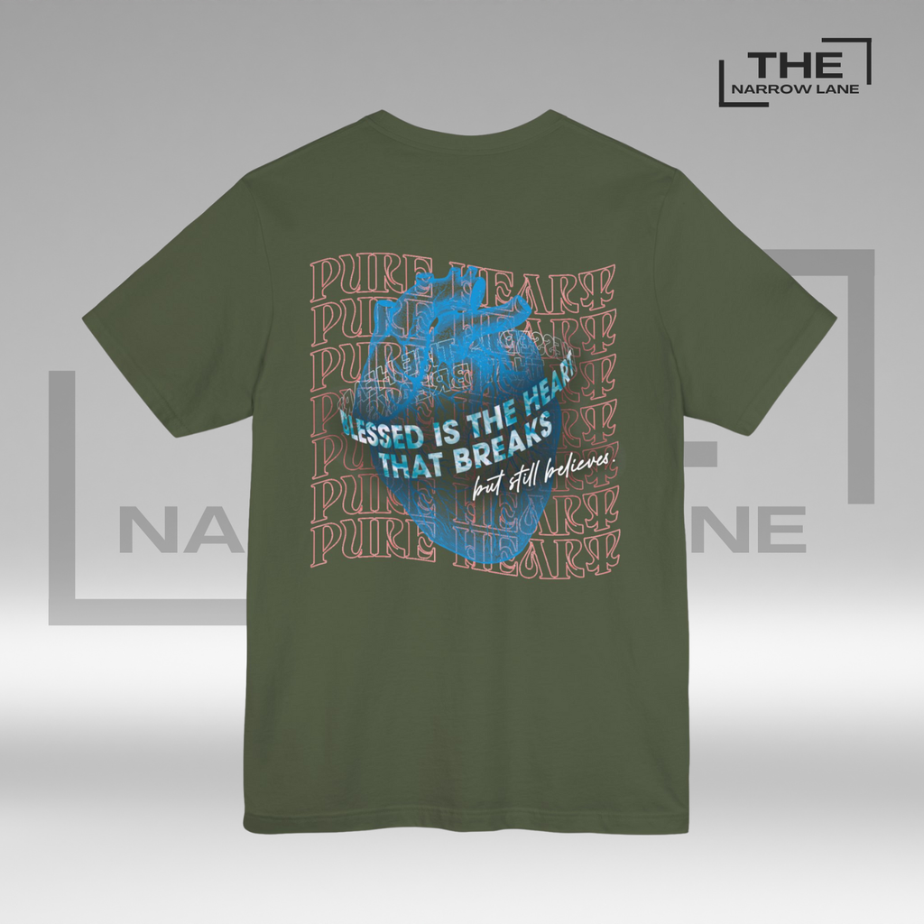 The Narrow Lane Military Green Christian shirt "Blessed is the Heart" back– faith-inspired gift for spiritual growth 