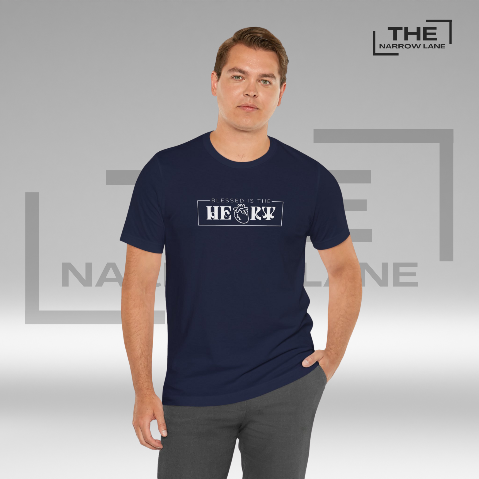 Man wearing The Narrow Lane Navy Blue Christian shirt "Blessed is the Heart" – faith-inspired gift for spiritual growth.