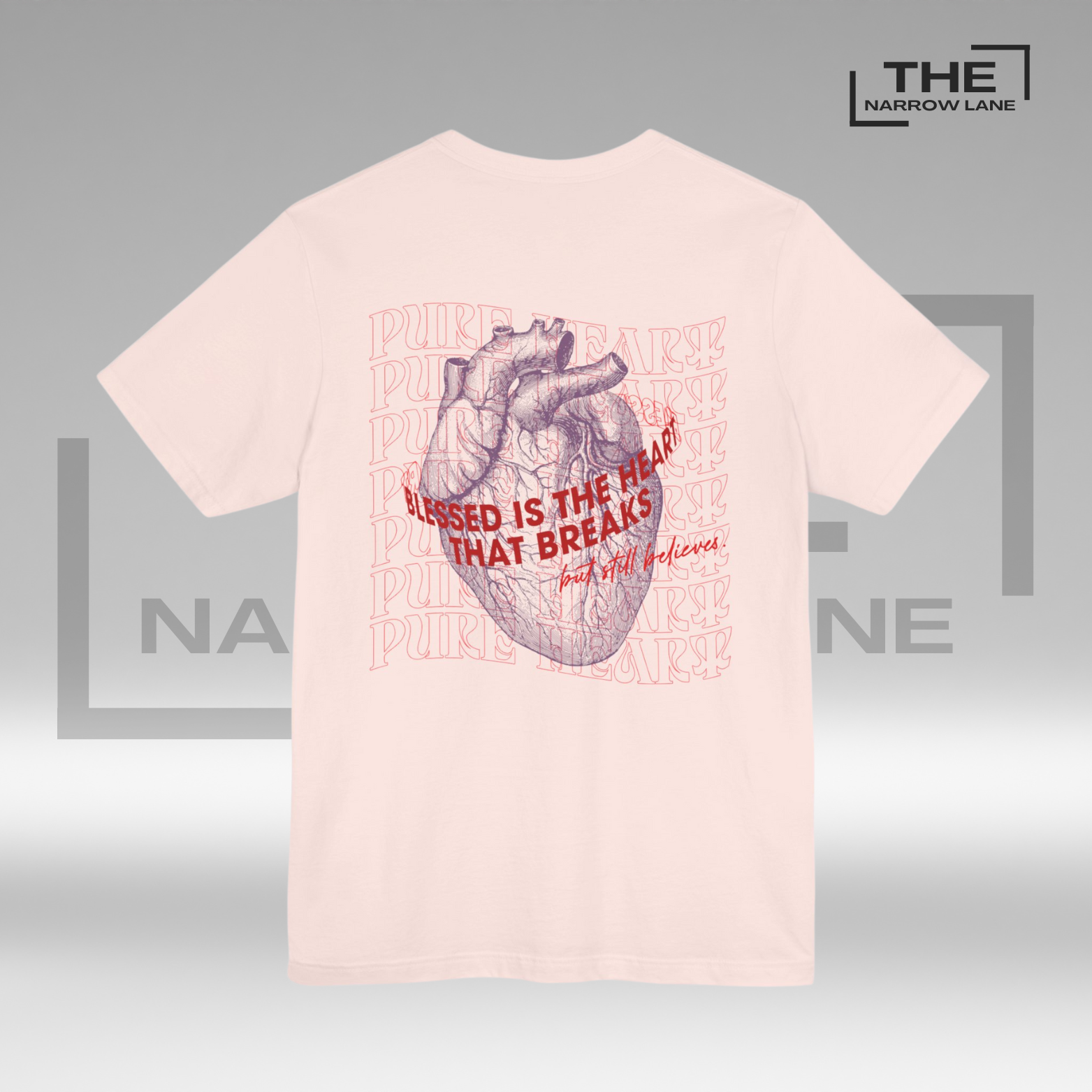 The Narrow Lane Pink Christian shirt "Blessed is the Heart" back– faith-inspired gift for spiritual growth 