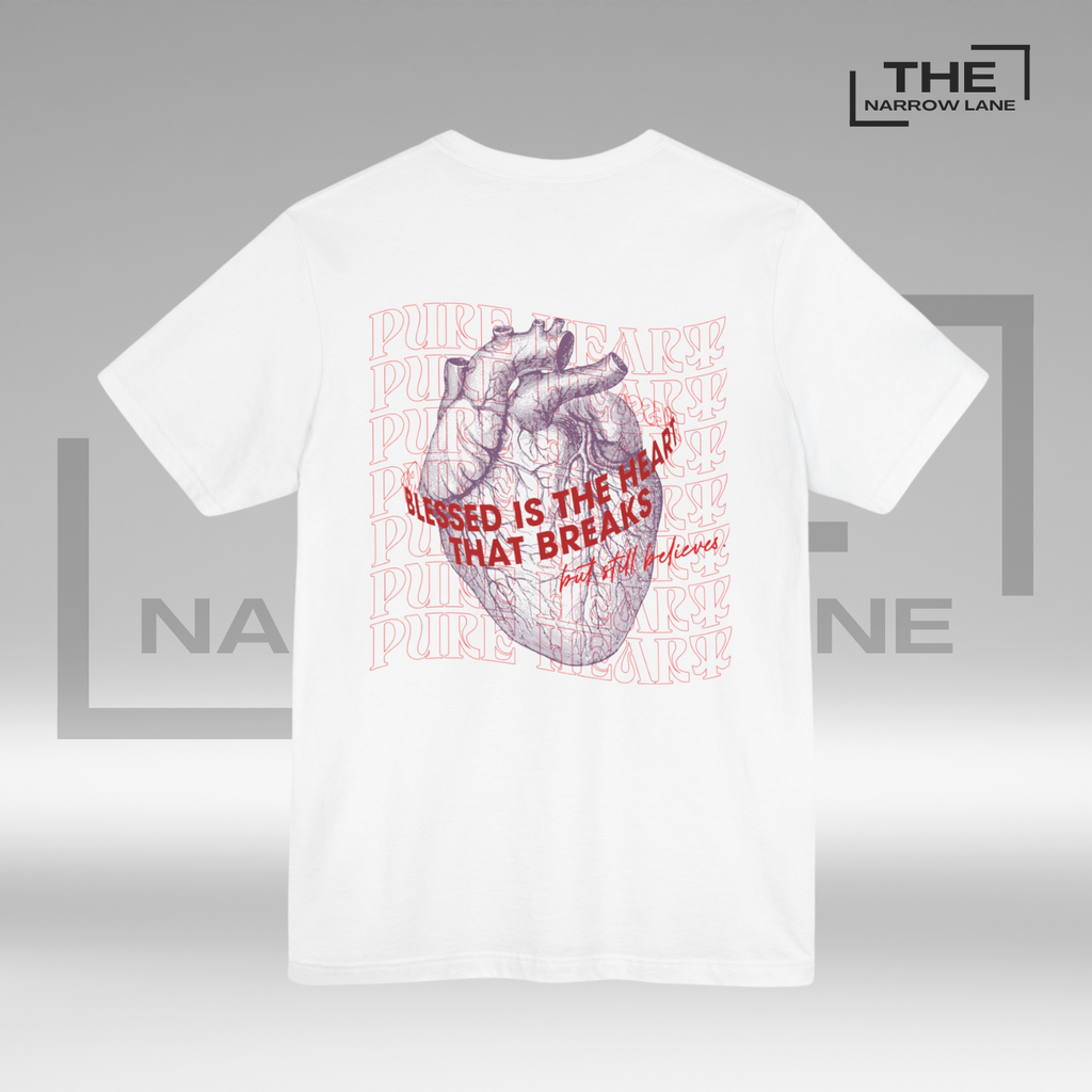 The Narrow Lane white Christian shirt "Blessed is the Heart" back– faith-inspired gift for spiritual growth 