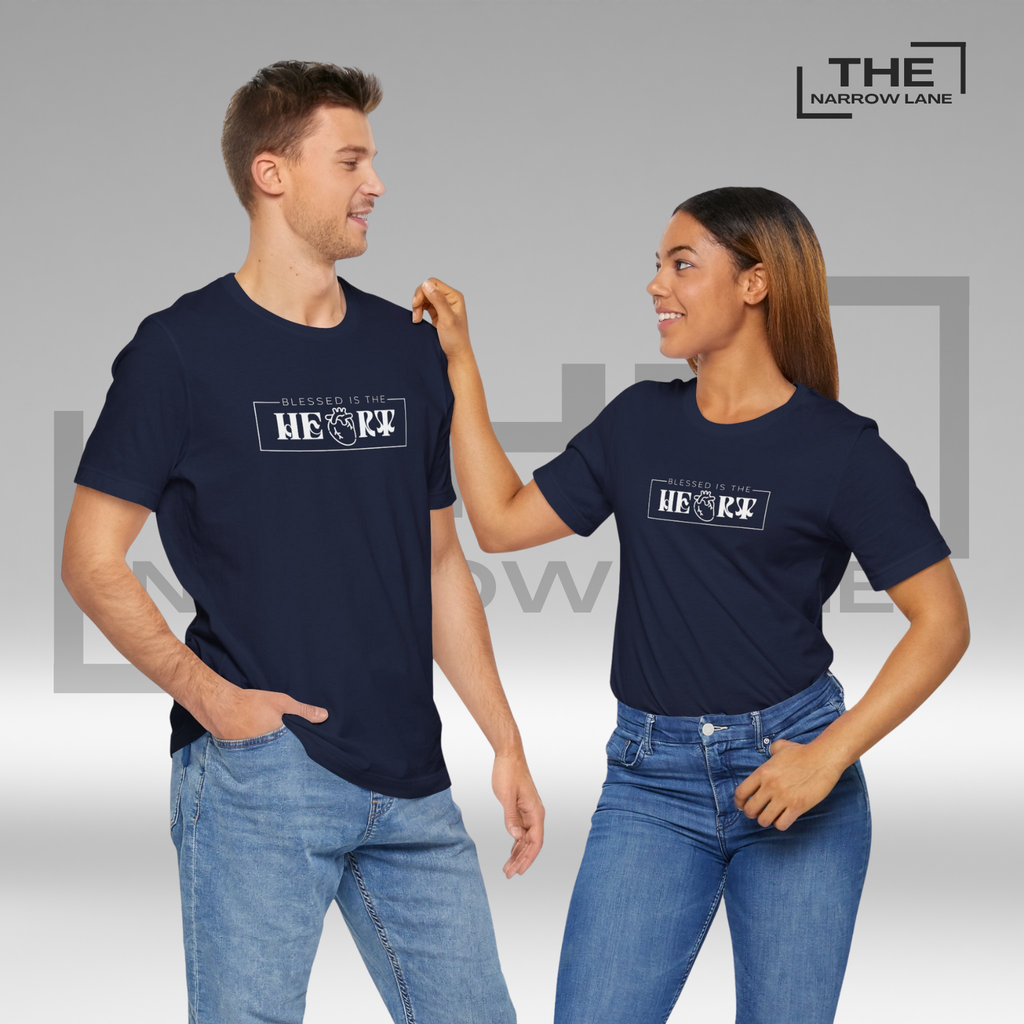 Two people wearing The Narrow Lane Navy Blue Christian shirt "Blessed is the Heart" – faith-inspired gift for spiritual growth.