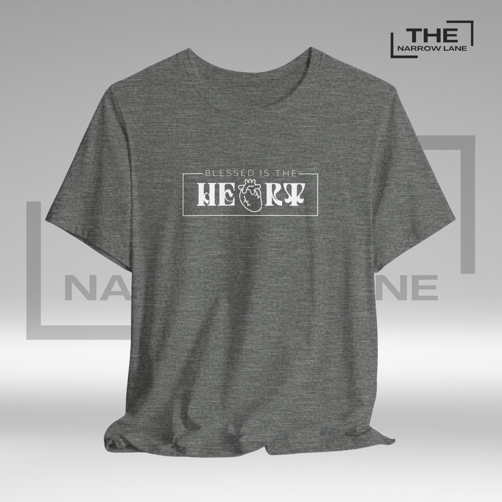 The Narrow Lane Light Gray Christian shirt "Blessed is the Heart" – faith-inspired gift for spiritual growth 