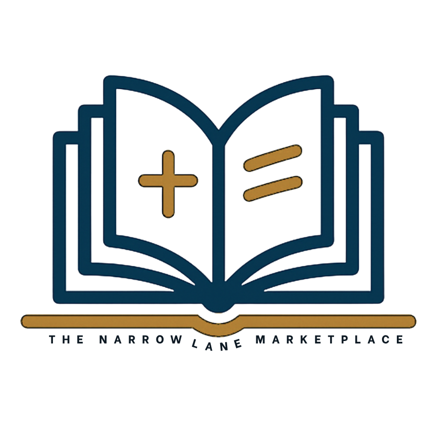Logo of an open book featuring 'The Narrow Lane Marketplace'. A shop for Christian books and merch.