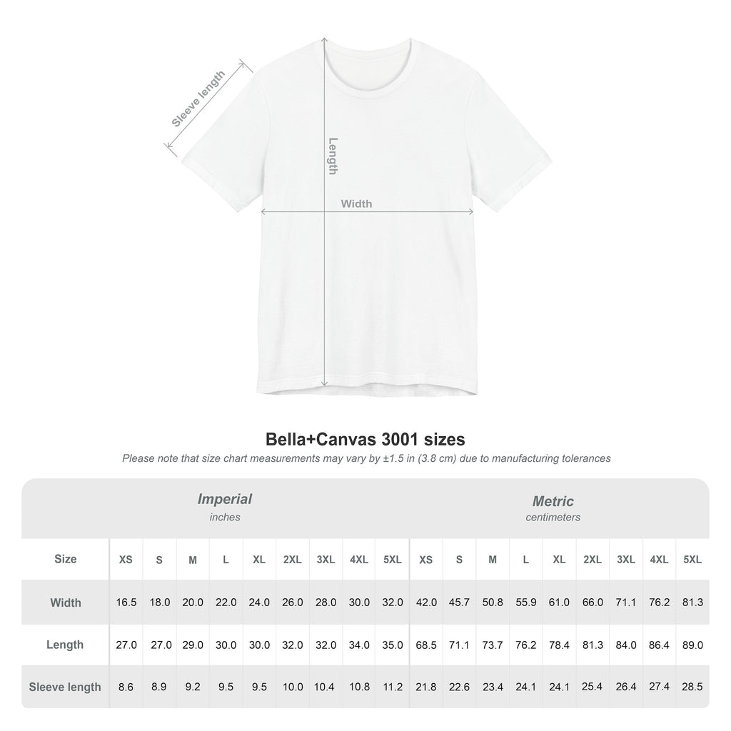 White t-shirt with measurement chart on a white background.