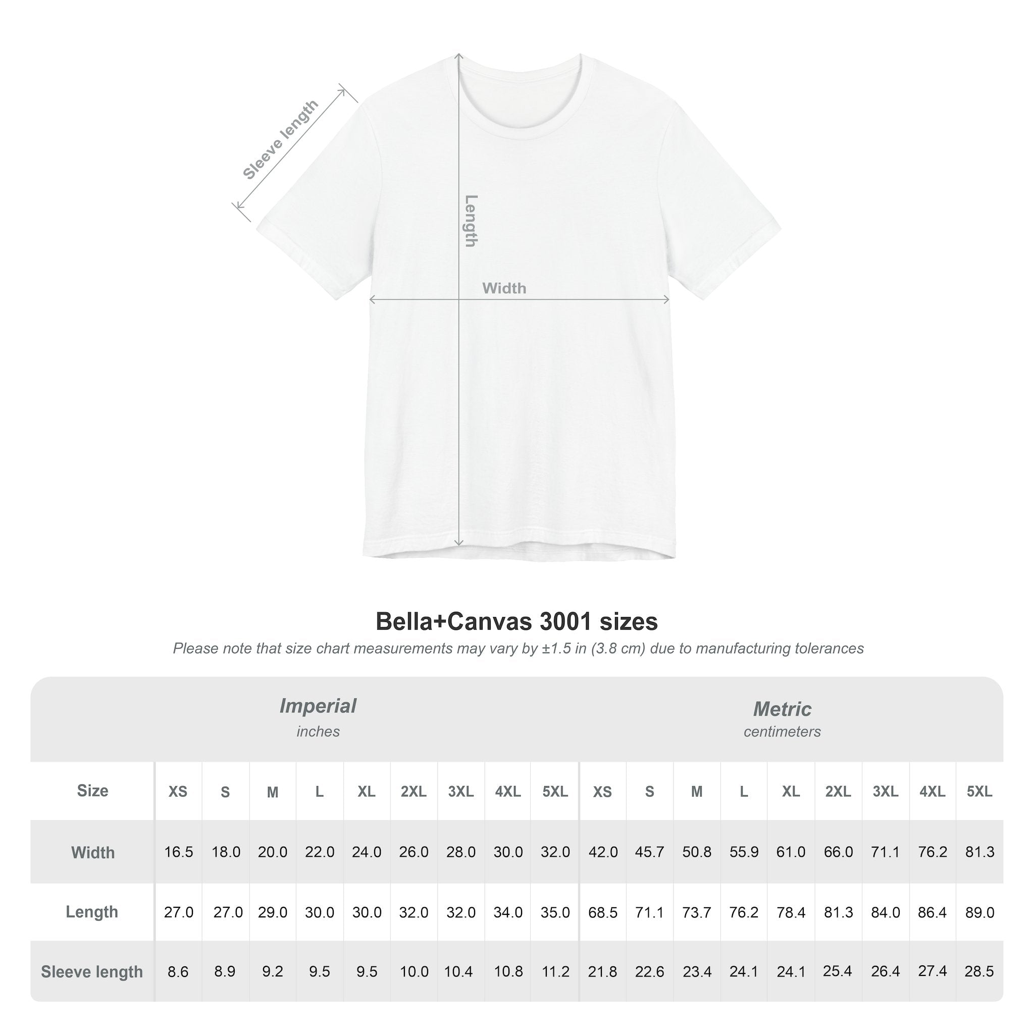 White t-shirt with measurement chart on a white background.