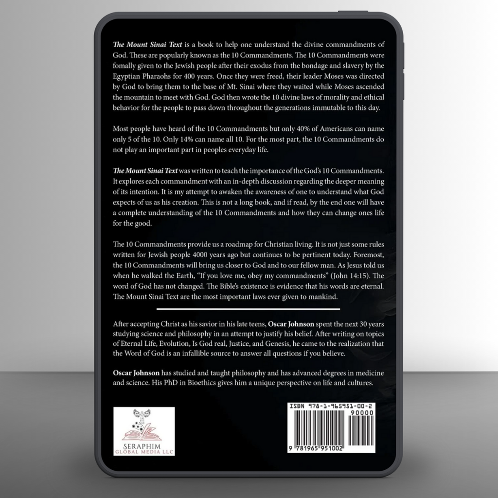 Back cover of The Mount Sinai Text, a Christian Book on the 10 Commandments.
