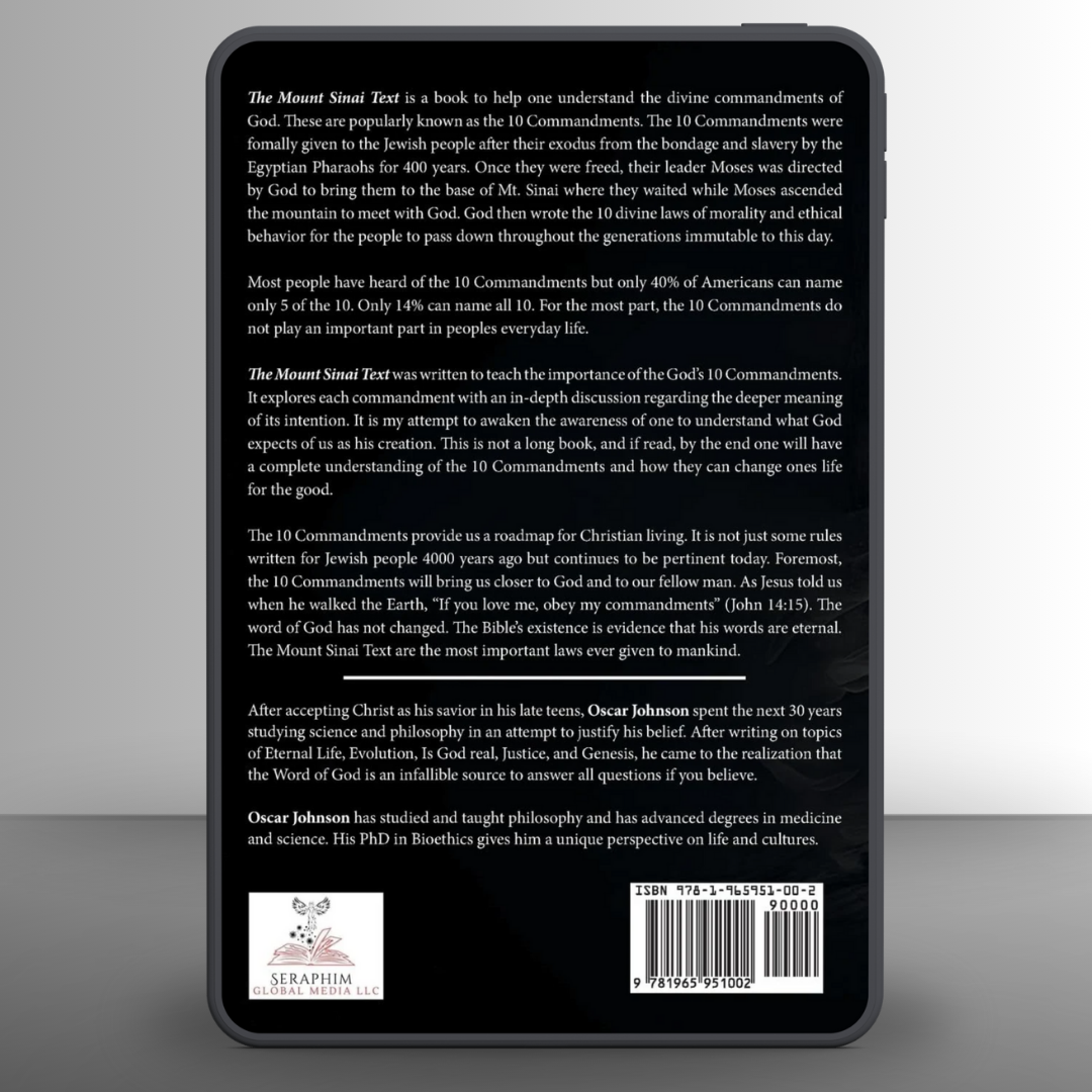 Back cover of The Mount Sinai Text, a Christian Book on the 10 Commandments.