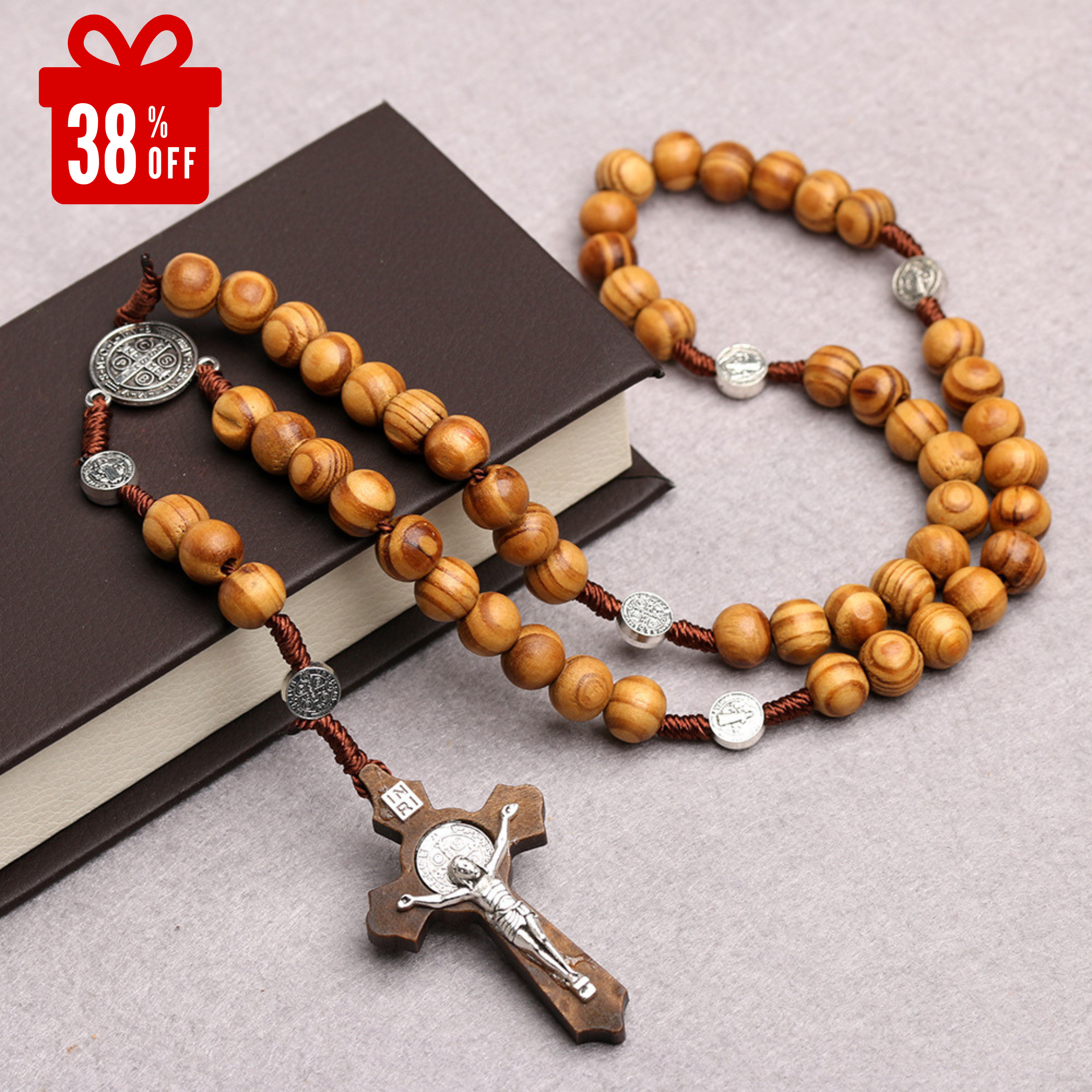 Natural Wood Rosary Necklace Handcrafted Pine Cross